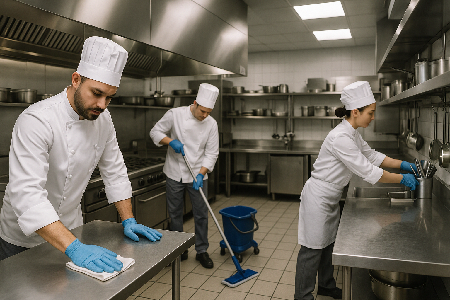 a bunch of chefs cleaning their kitchen in a proffesional manner 